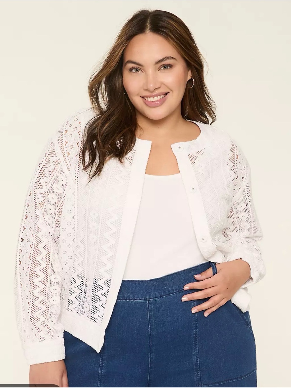 Lane Bryant White Crochet Eyelet Lace Button Cardigan Jacket Snap button 18/20
